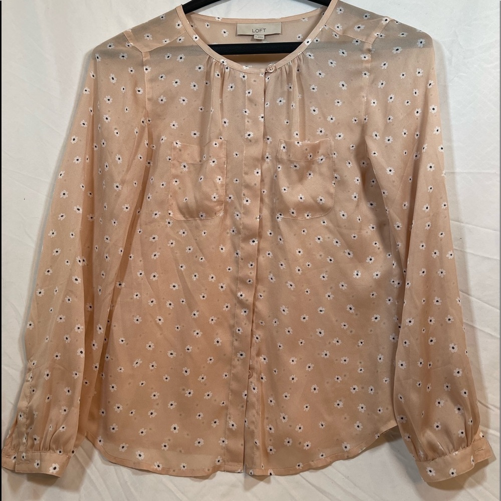 Loft White Sheer with Flowers Cream Peach Blouse Top  Long Sleeved Ladies Sz S